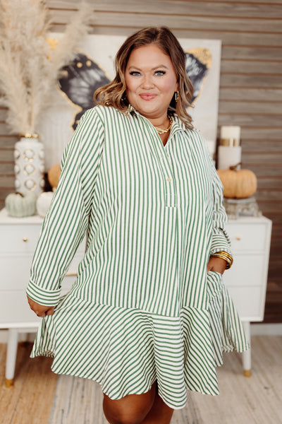 Hunter Green Striped Long Sleeve Collared Dress