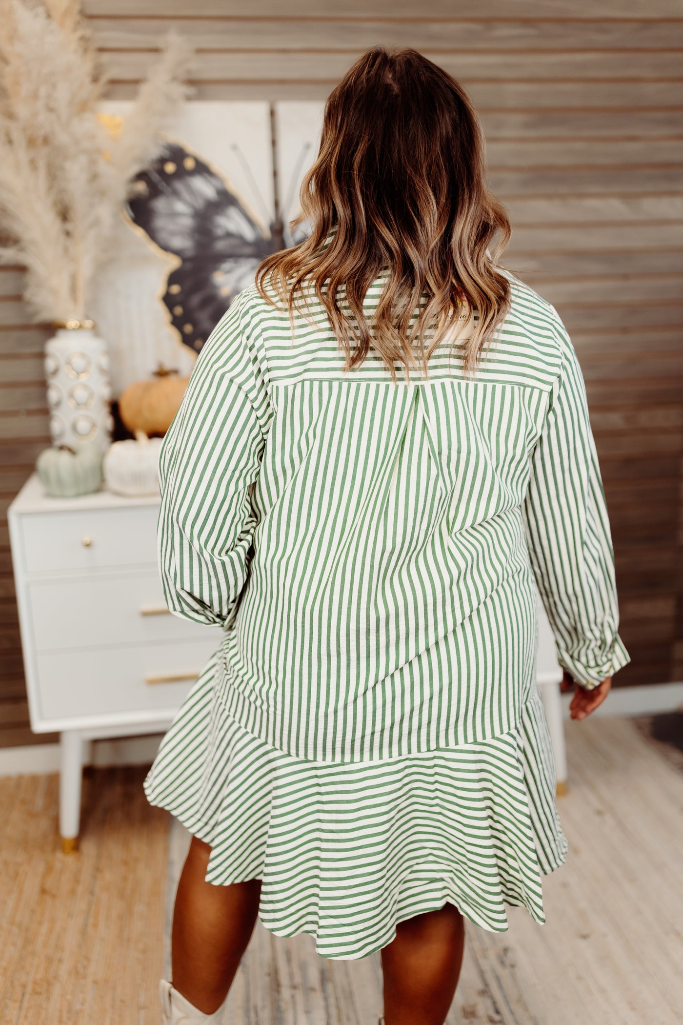 Hunter Green Striped Long Sleeve Collared Dress