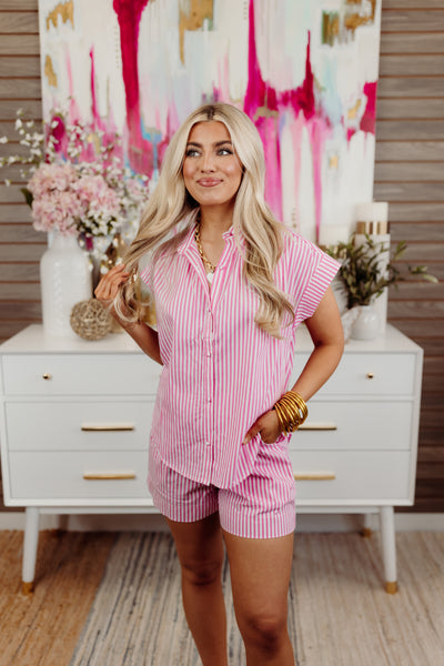 Karlie Pink Striped Poplin Button Down Top and Short Set