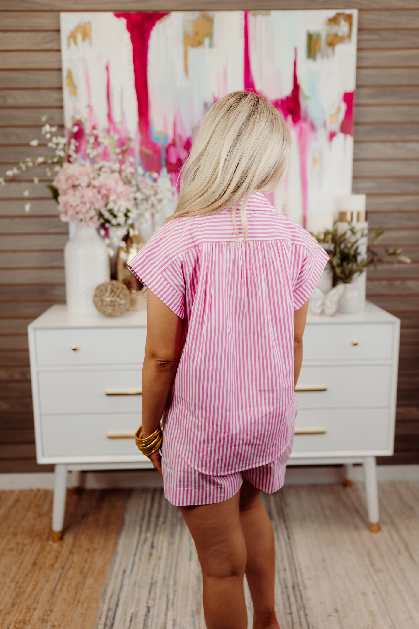 Karlie Pink Striped Poplin Button Down Top and Short Set