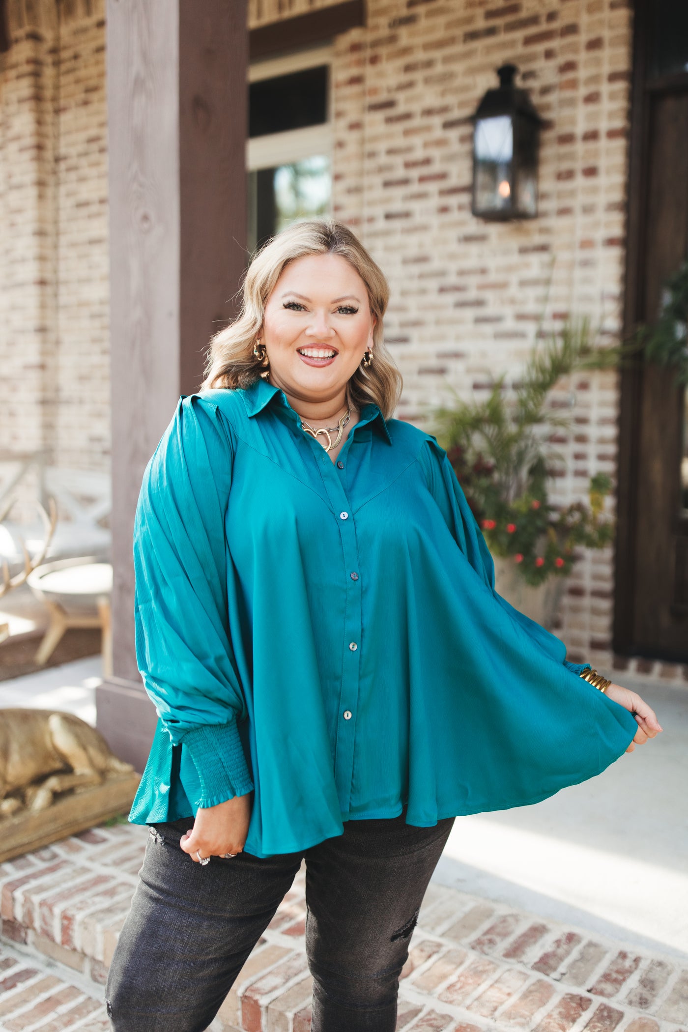 Teal Green Collared Button Down Swing Blouse