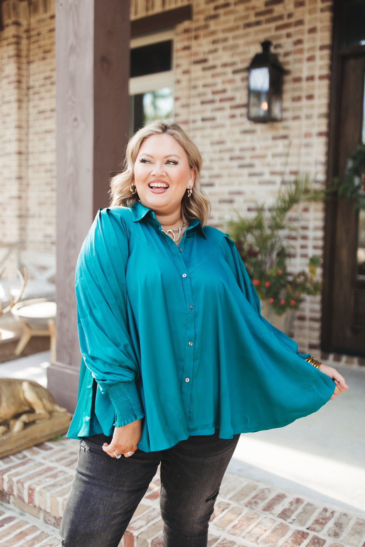 Teal Green Collared Button Down Swing Blouse