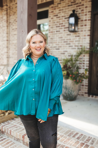 Teal Green Collared Button Down Swing Blouse