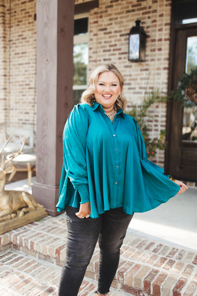 Teal Green Collared Button Down Swing Blouse