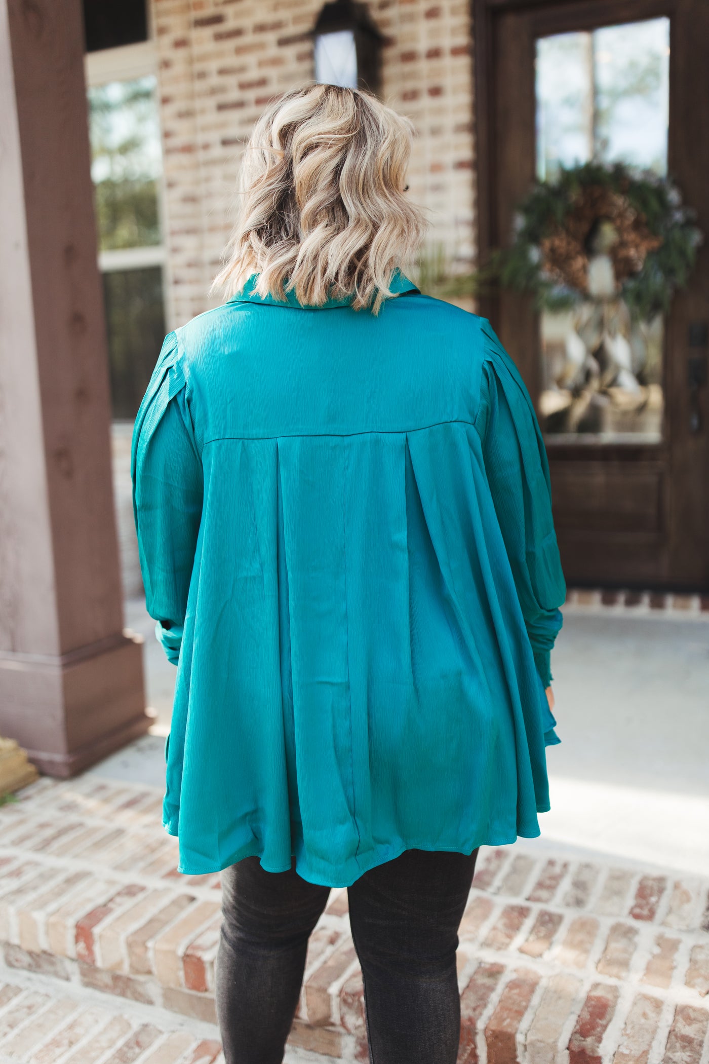 Teal Green Collared Button Down Swing Blouse