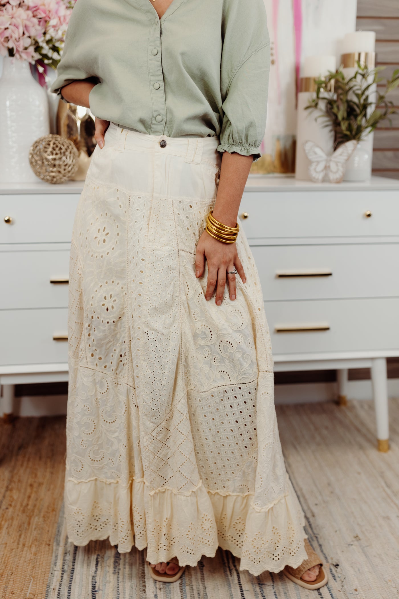 Natural Wash Eyelet Mixed Maxi Skirt