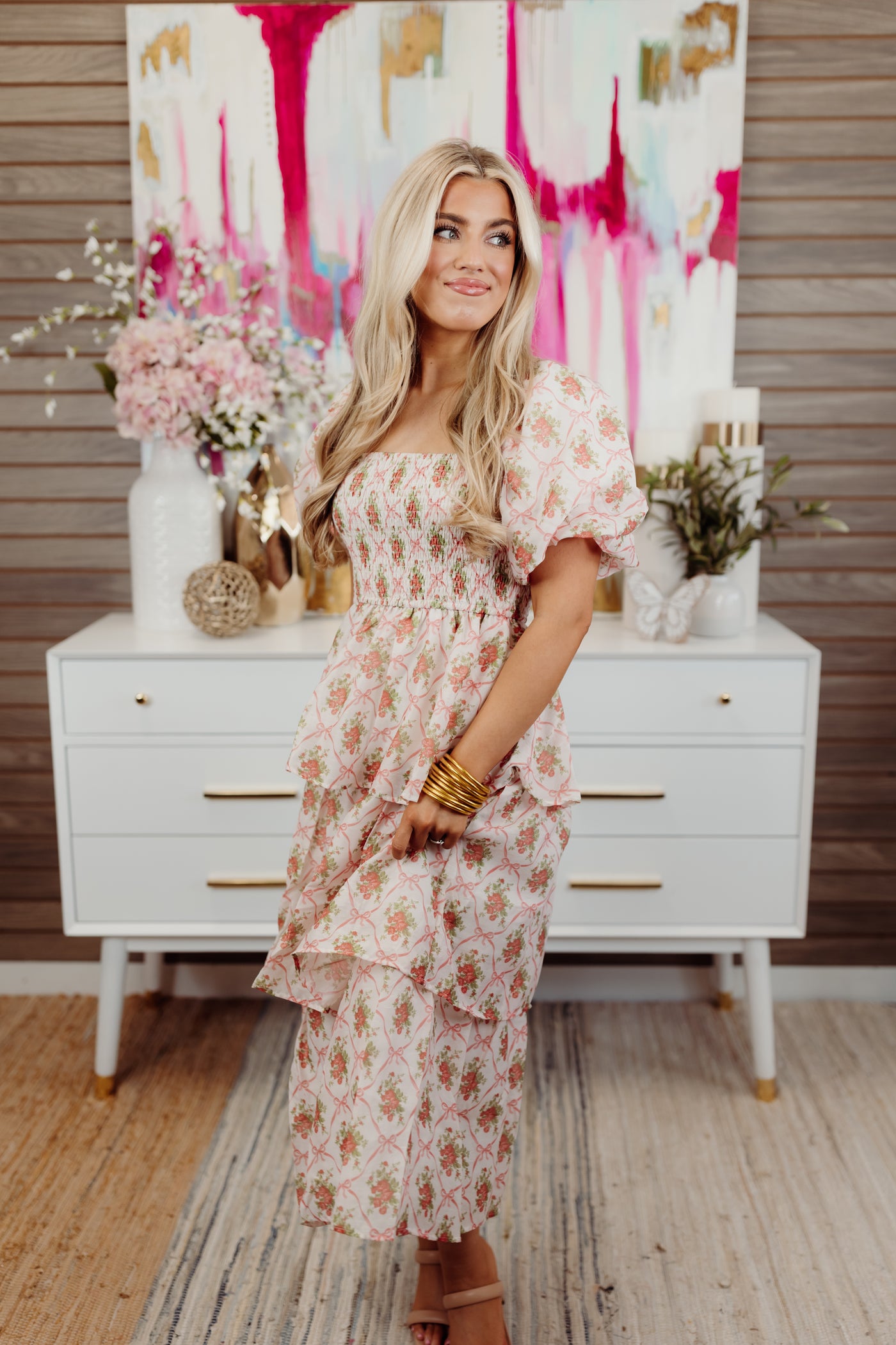 Ivory/Red Multi Bow and Rose Tiered Midi Dress