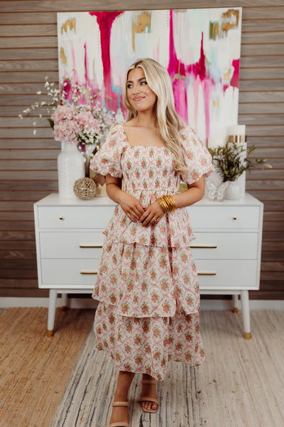 Ivory/Red Multi Bow and Rose Tiered Midi Dress