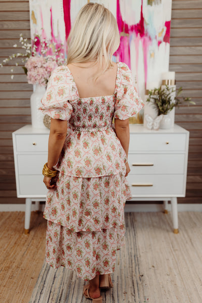 Ivory/Red Multi Bow and Rose Tiered Midi Dress