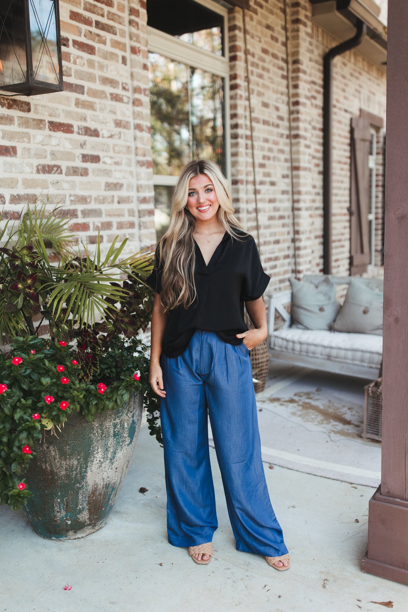 Black Textured Satin Pleated V-Neck Blouse