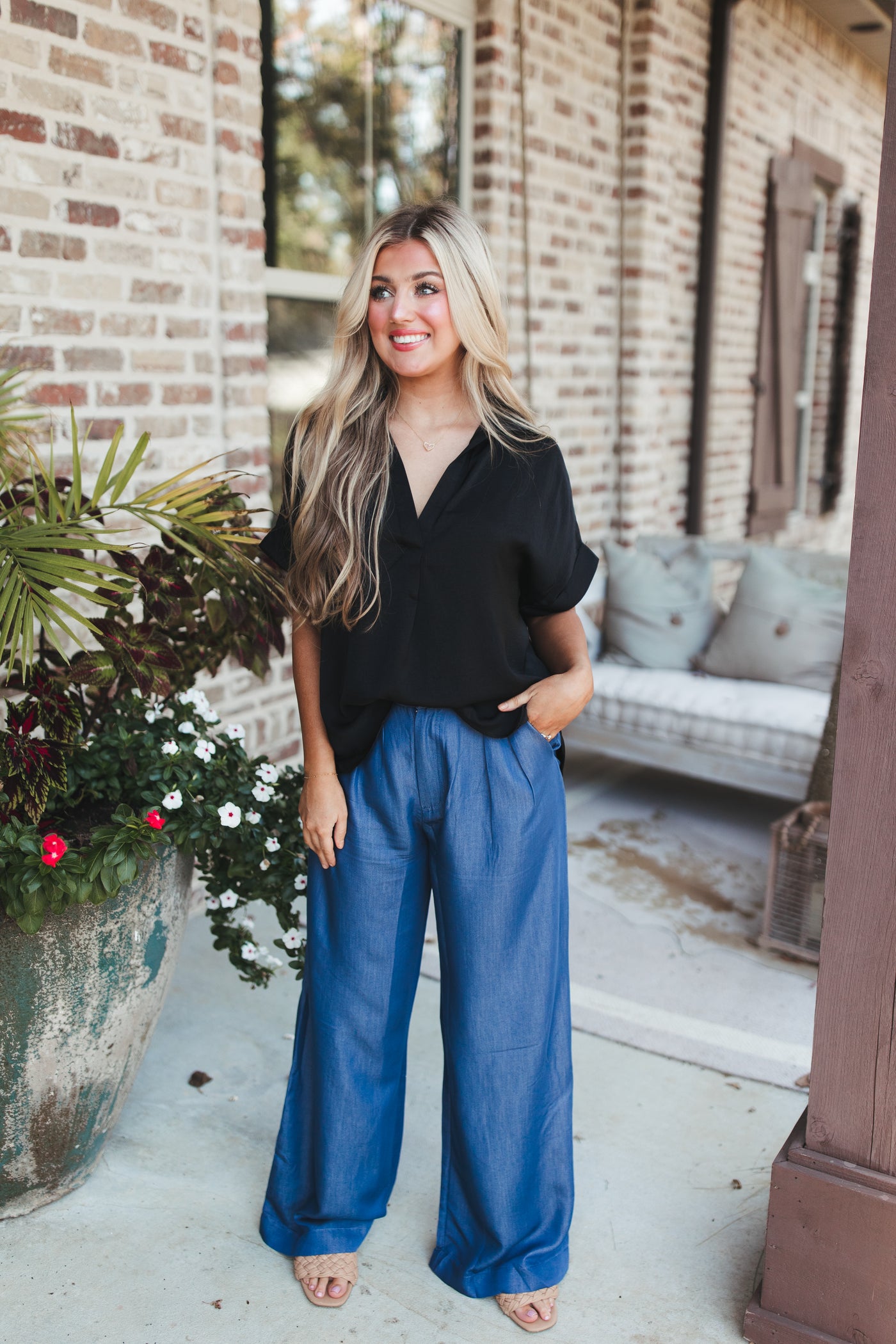 Black Textured Satin Pleated V-Neck Blouse