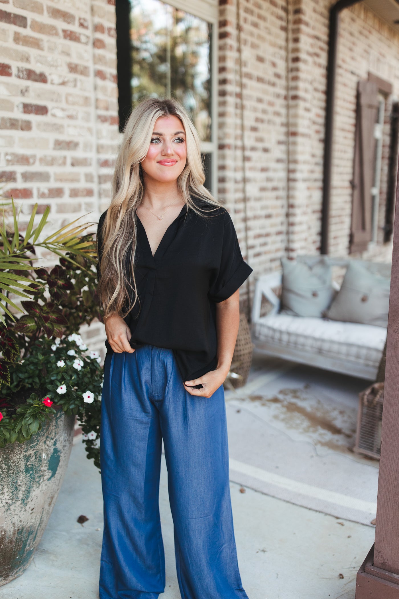 Black Textured Satin Pleated V-Neck Blouse