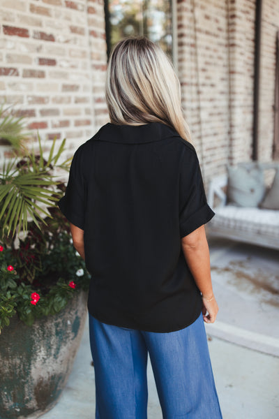 Black Textured Satin Pleated V-Neck Blouse