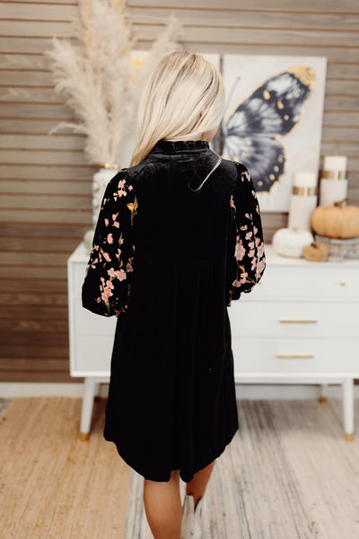 Black Floral Embroidered Puff Sleeve Velvet Dress