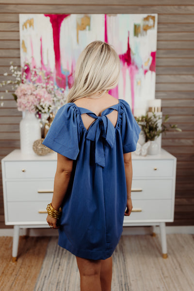 Denim Blue Square Neck Back Tie Mini Dress