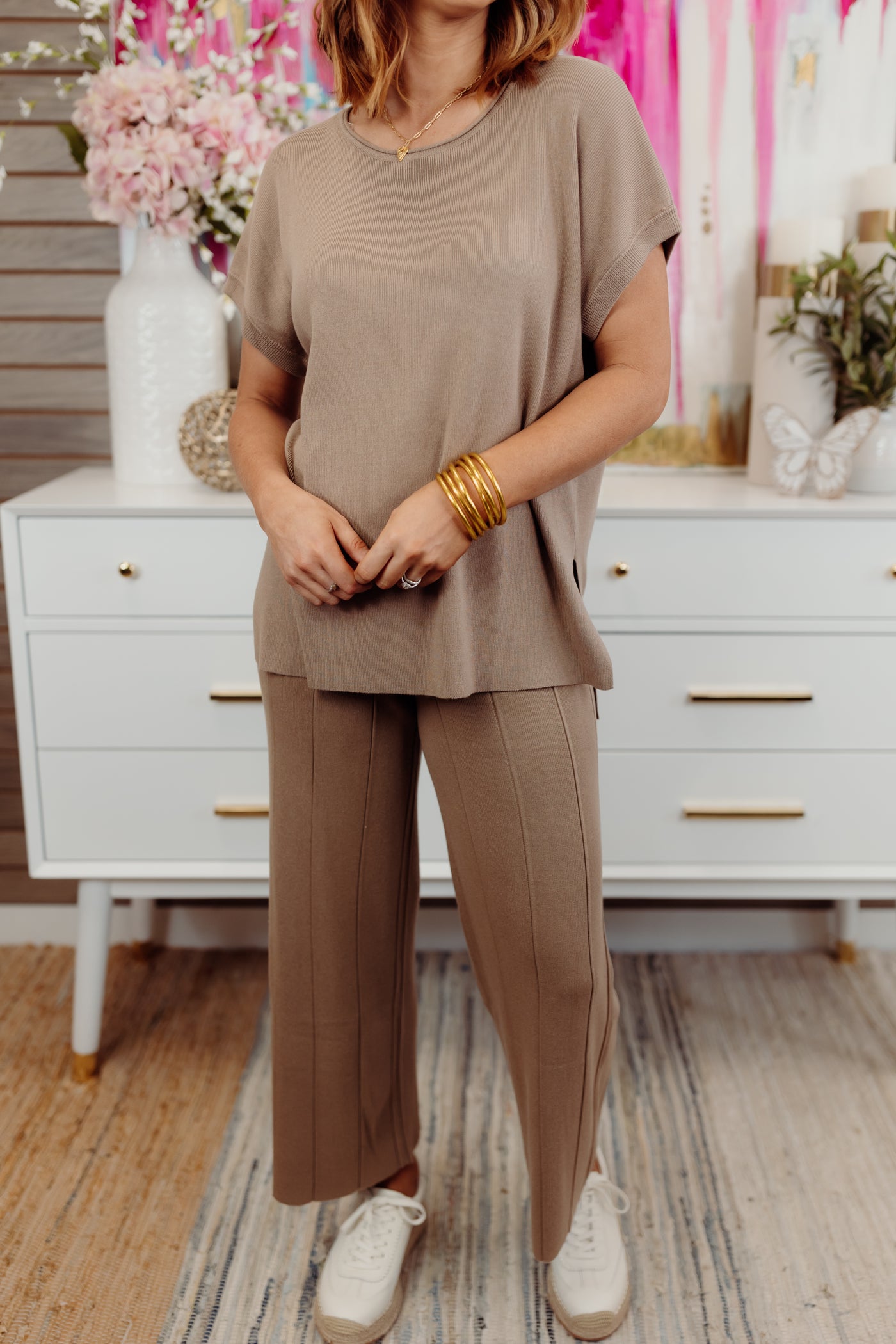 Mocha Round Neck Knit Top and Ribbed Pant Set