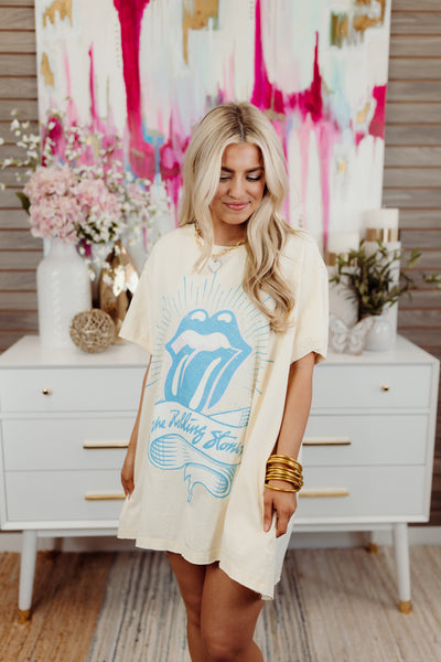 Cream and Blue Tongue Rolling Stones Oversized Graphic T-Shirt Dress