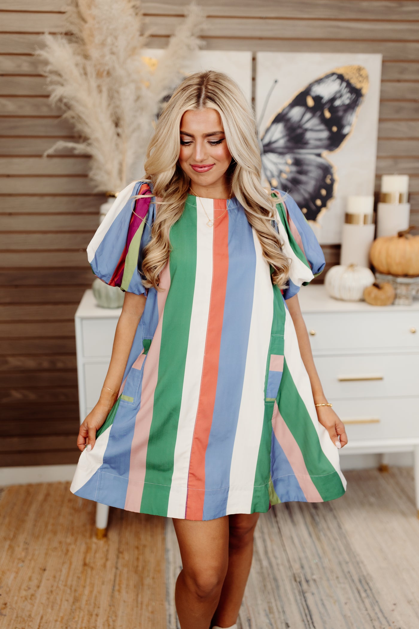 Denim Plum Striped Round Neck Puff Sleeve Dress