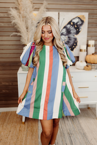 Denim Plum Striped Round Neck Puff Sleeve Dress