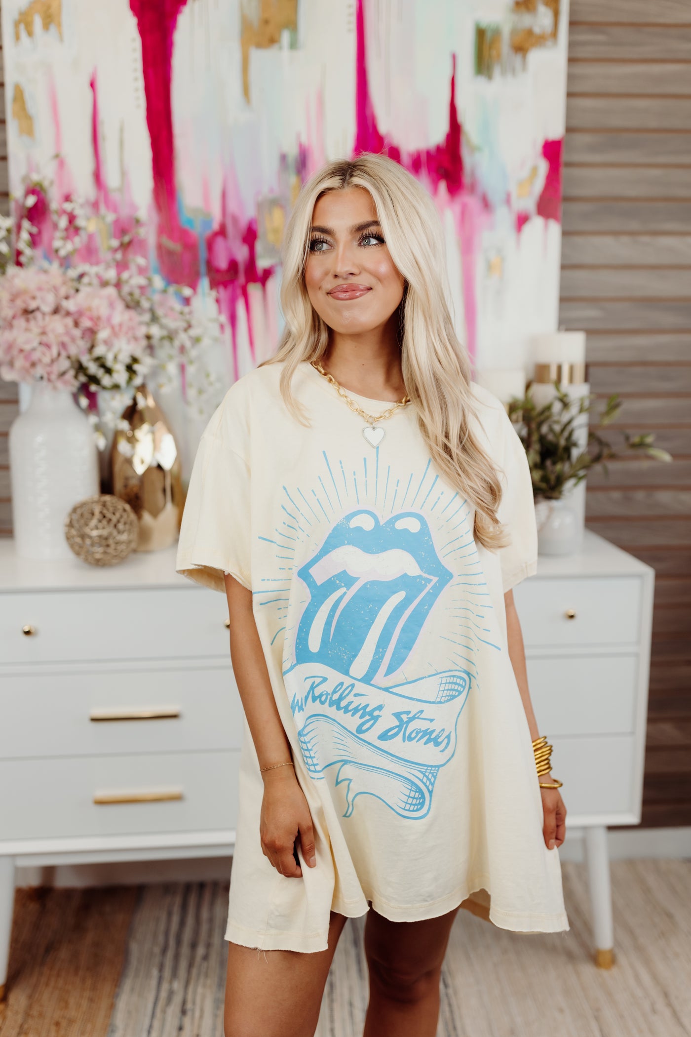 Cream and Blue Tongue Rolling Stones Oversized Graphic T-Shirt Dress