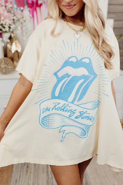 Cream and Blue Tongue Rolling Stones Oversized Graphic T-Shirt Dress