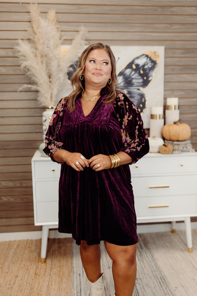 Plum Floral Embroidered Puff Sleeve Velvet Dress