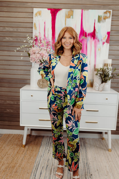 Navy Multi Tropical Satin Blazer and Pant Set