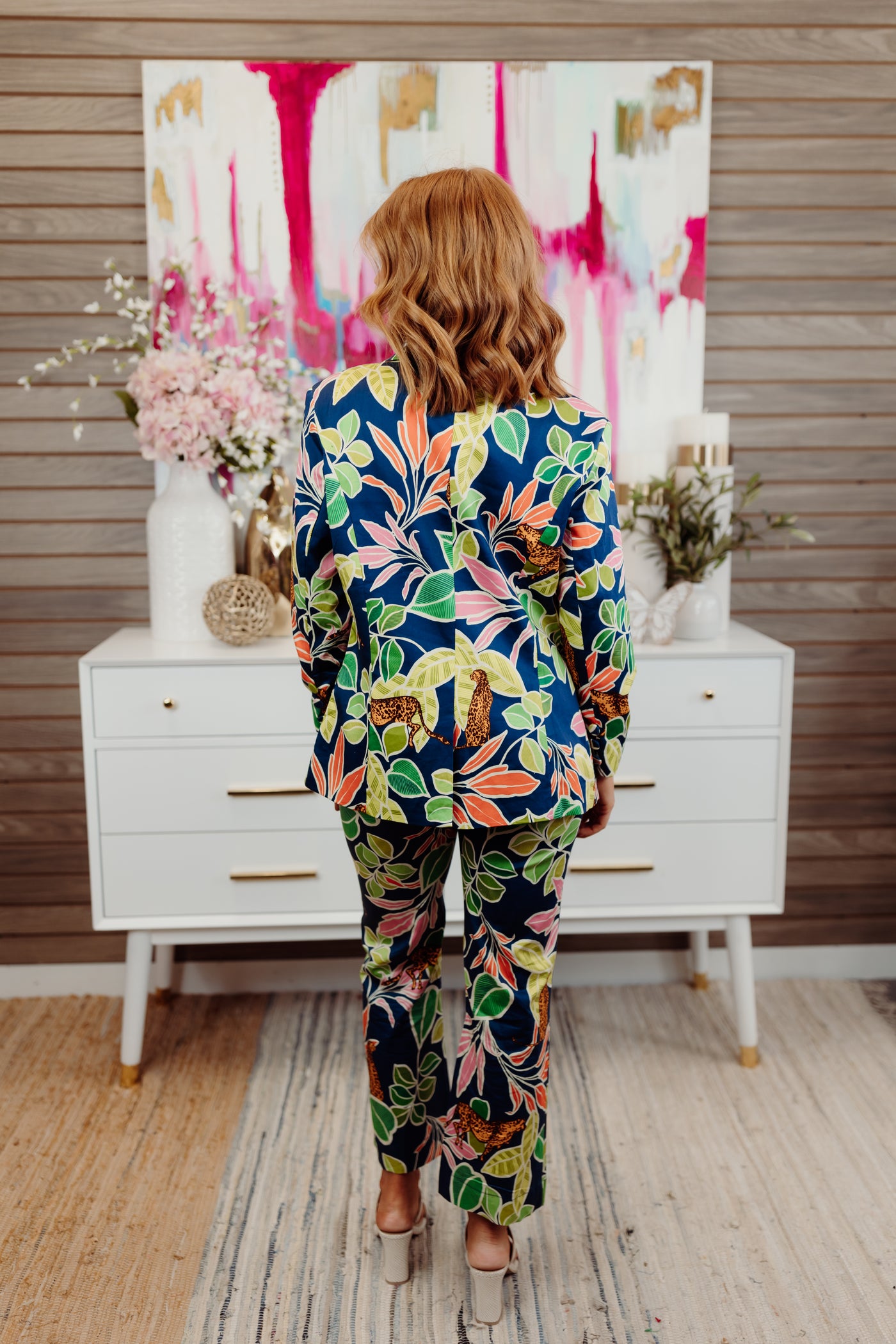 Navy Multi Tropical Satin Blazer and Pant Set