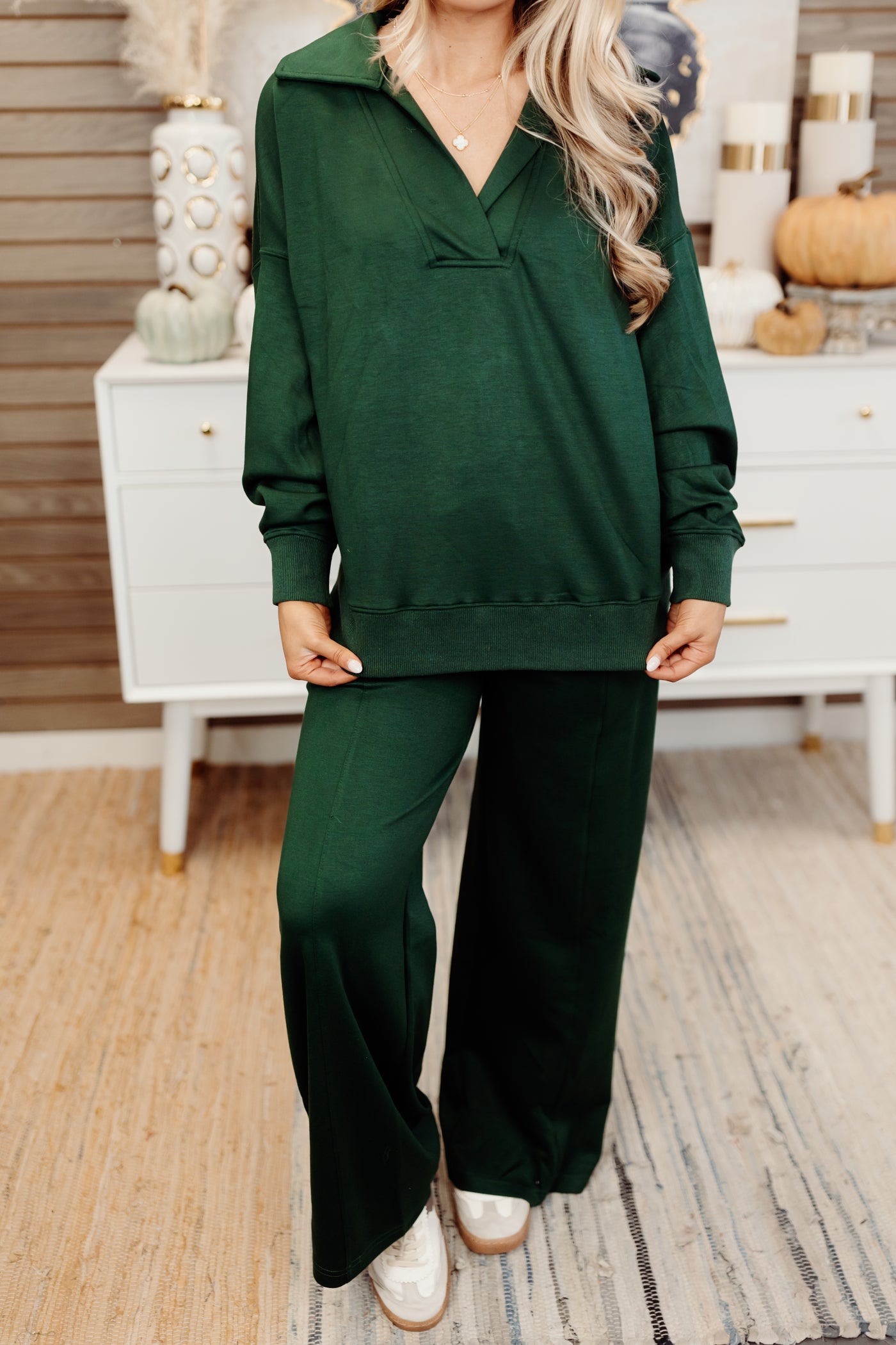 Evergreen Butter Soft Notch Neck Pullover and Pant Set