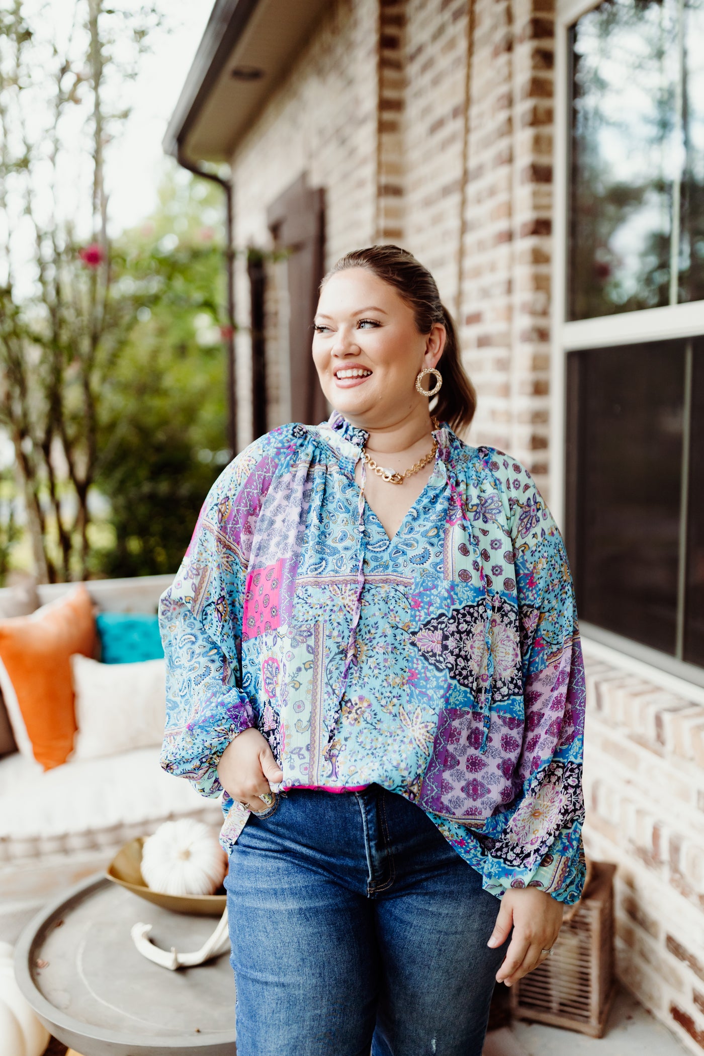 Blue Multi Patchwork Tie Neck Blouse