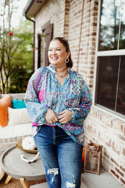 Blue Multi Patchwork Tie Neck Blouse