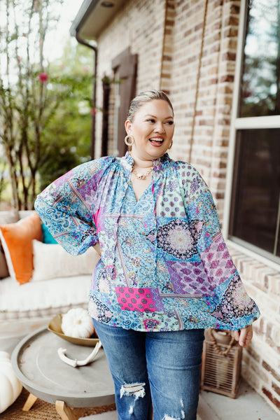 Blue Multi Patchwork Tie Neck Blouse