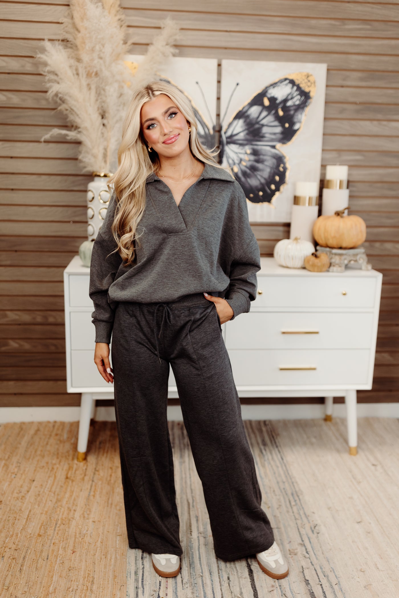 Charcoal Butter Soft Notch Neck Pullover and Pant Set