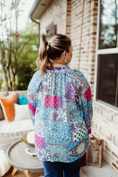 Blue Multi Patchwork Tie Neck Blouse