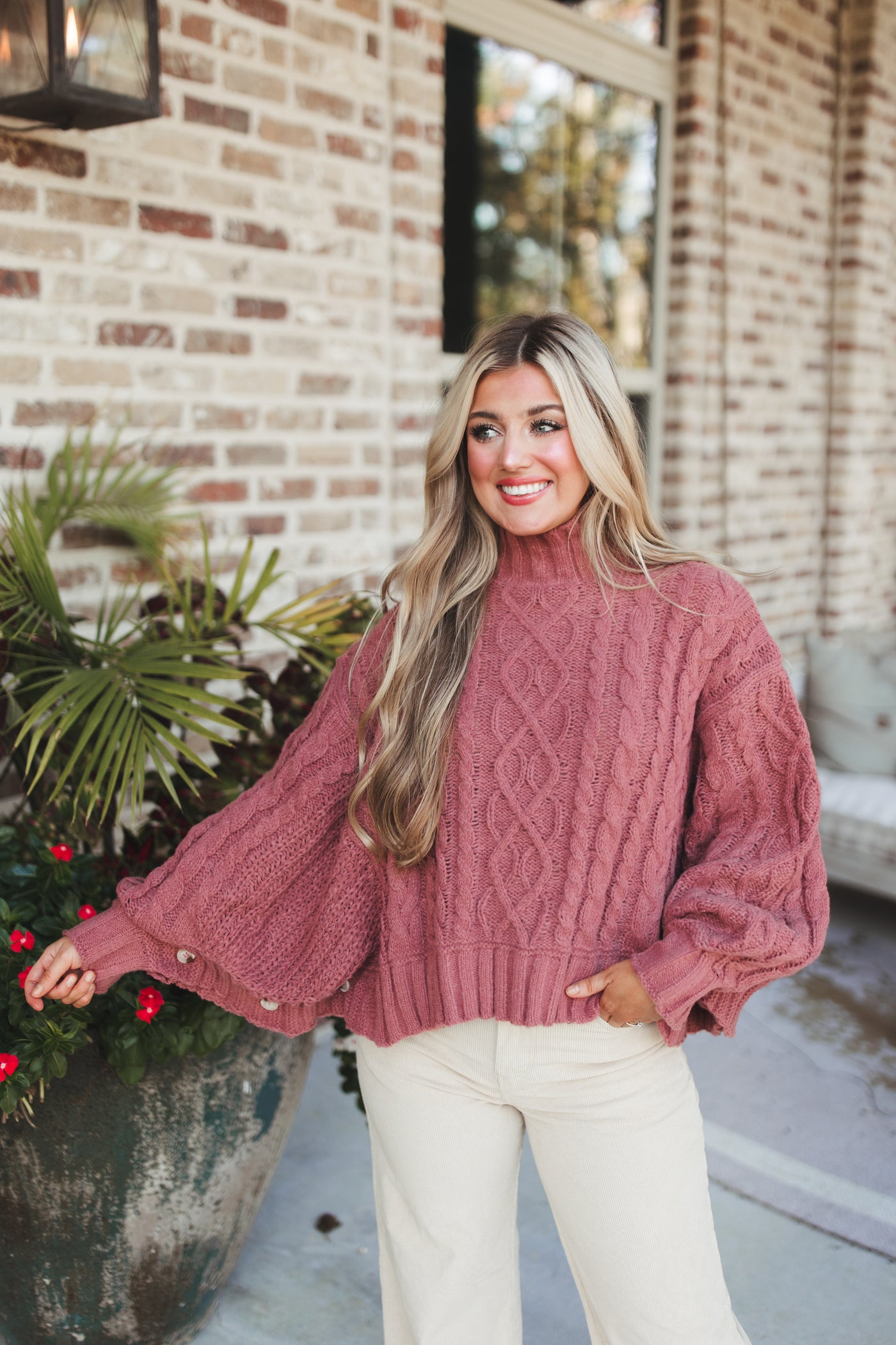 Mauve Cable Knit Turtleneck Poncho