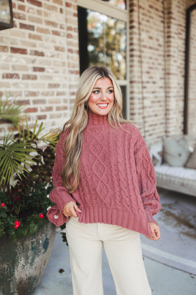 Mauve Cable Knit Turtleneck Poncho