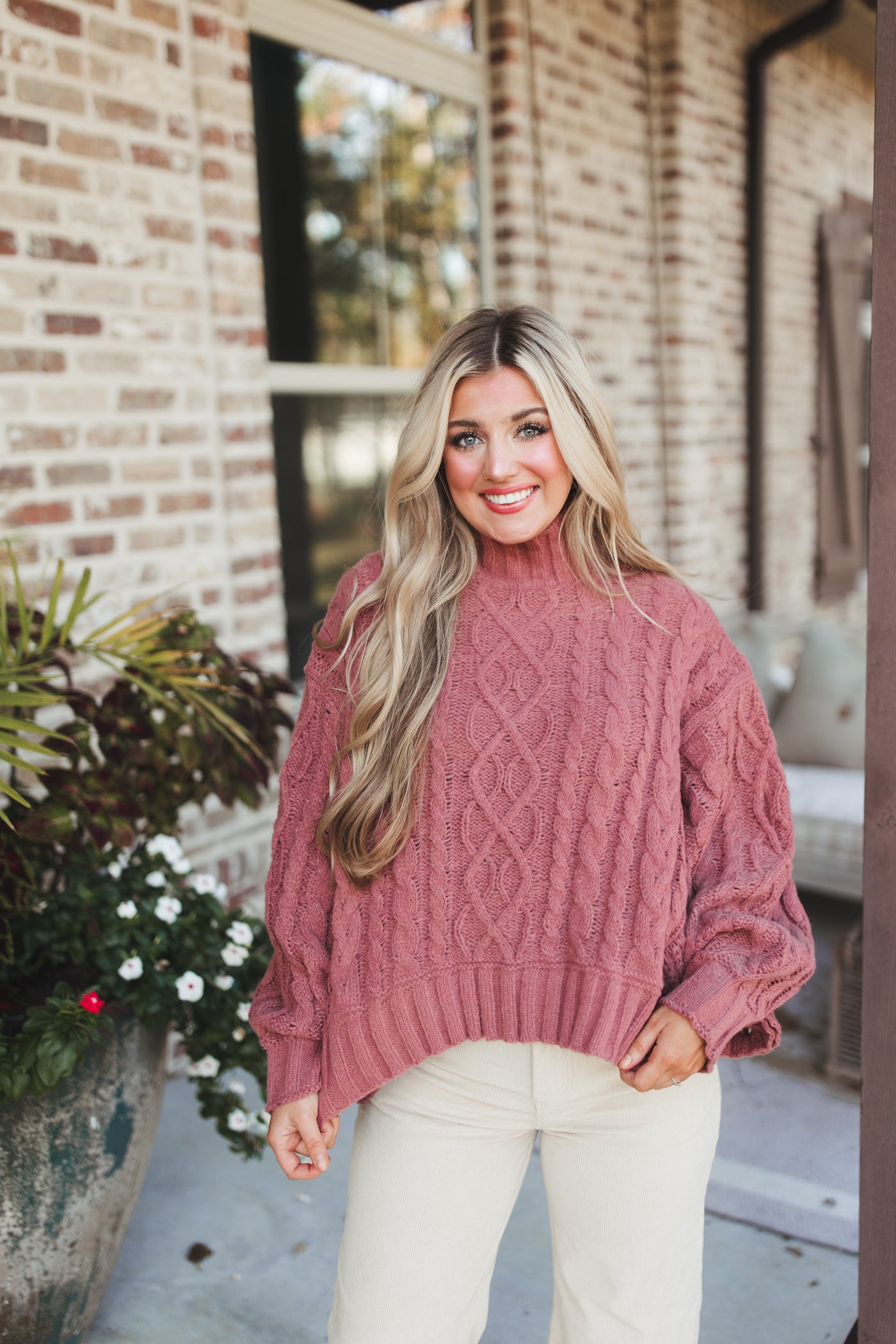 Mauve Cable Knit Turtleneck Poncho