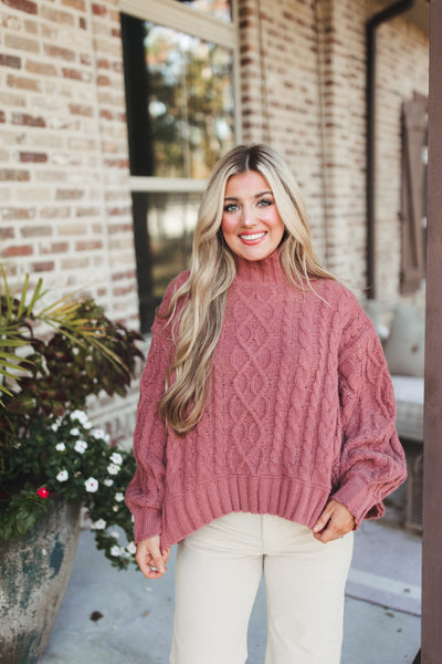 Mauve Cable Knit Turtleneck Poncho