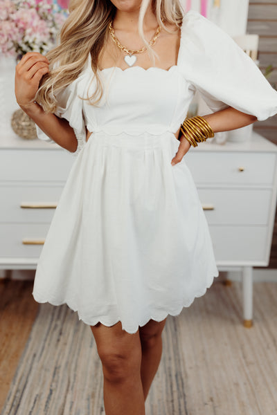 Off White Scallop Puff Sleeve Open Back Dress