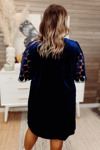 Navy Lace Detail Sleeve Velvet Dress