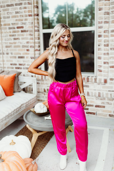 Magenta Satin Elastic Waist Dress Pant