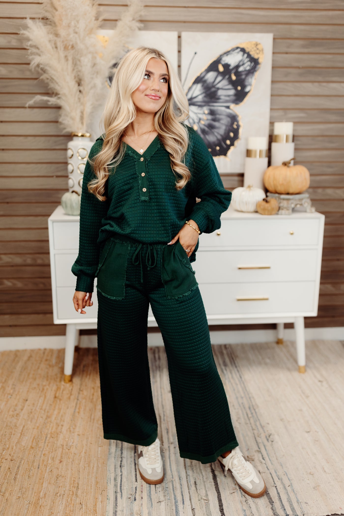 Evergreen Quilted Long Sleeve Hoodie Top and Pant Set