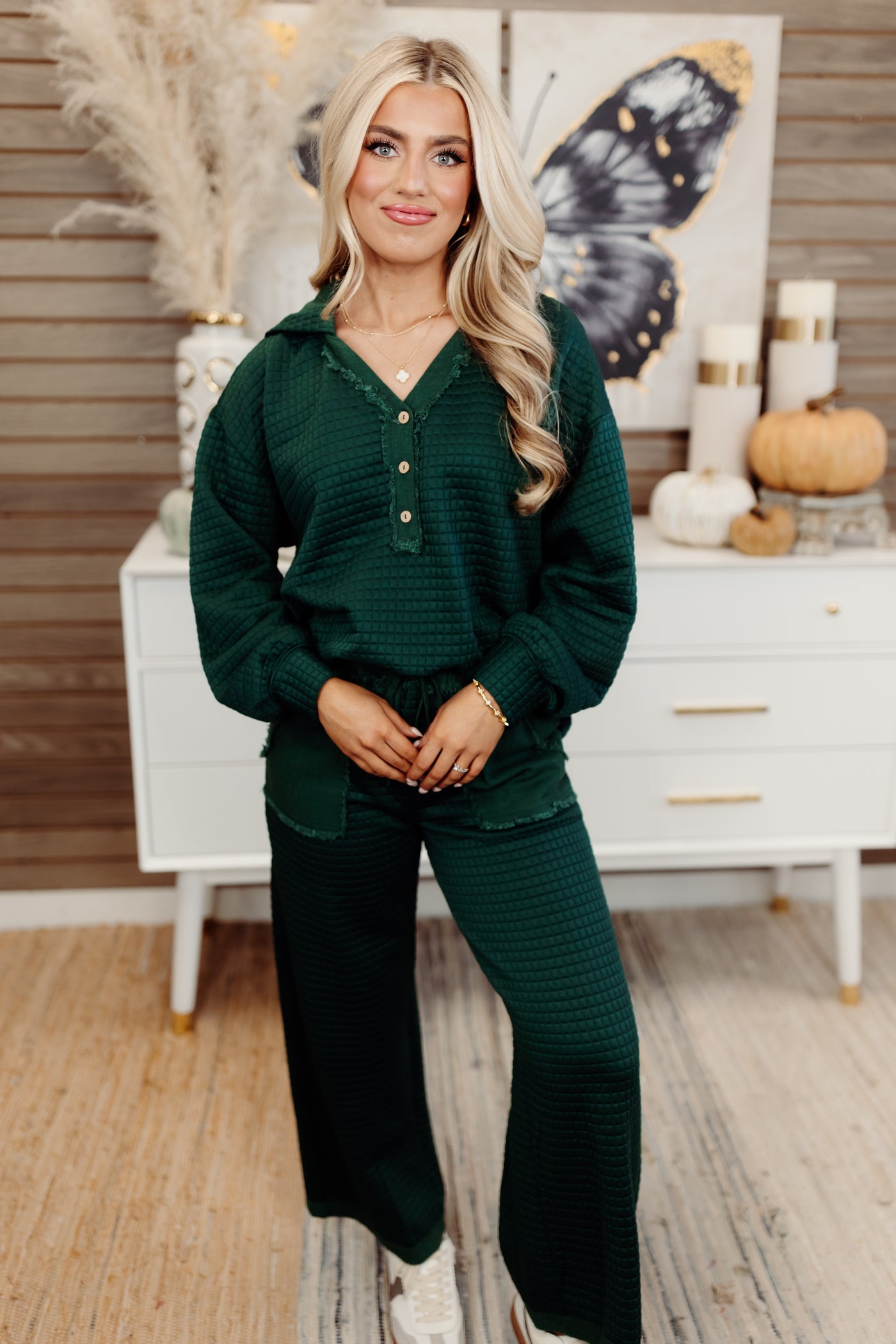 Evergreen Quilted Long Sleeve Hoodie Top and Pant Set