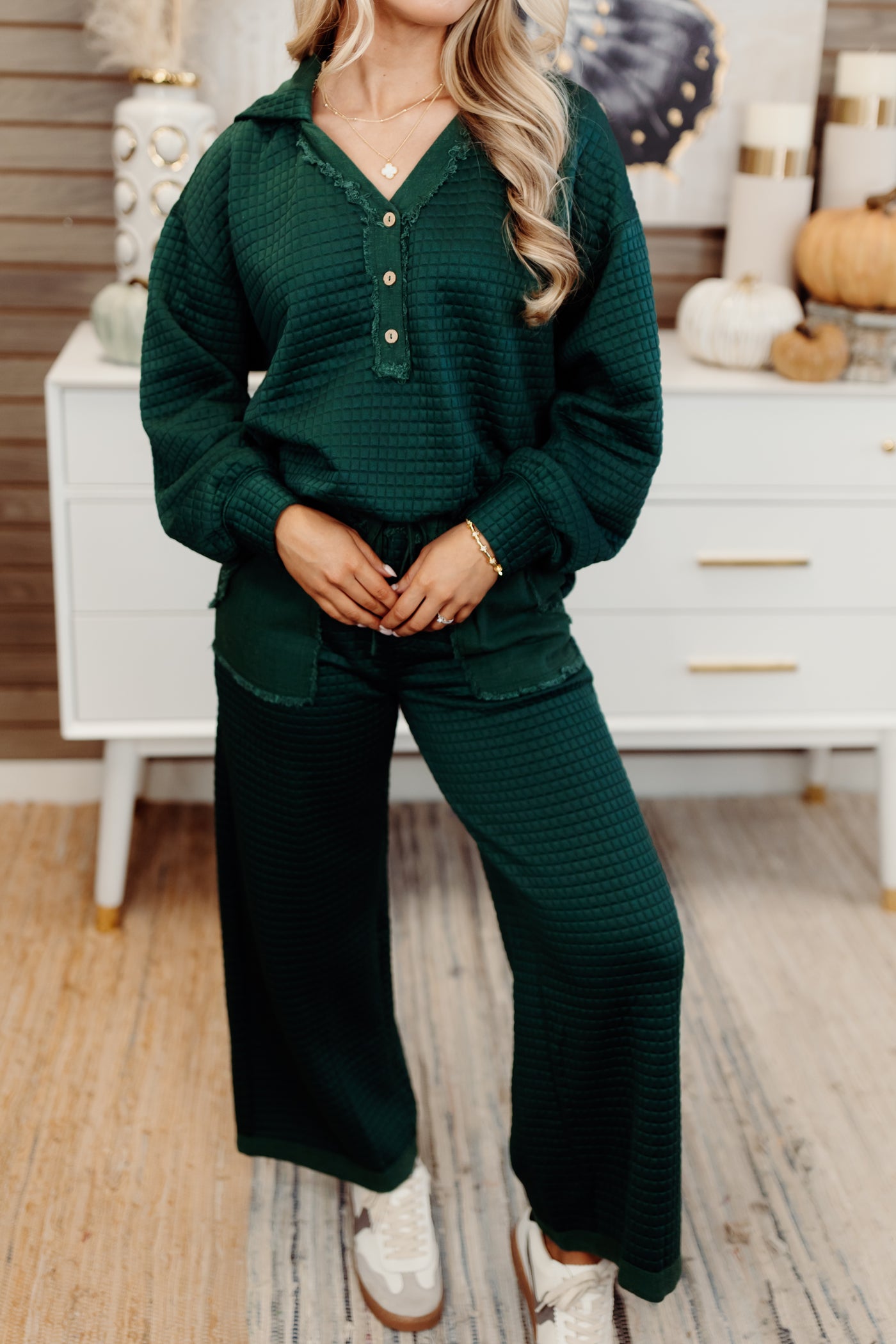 Evergreen Quilted Long Sleeve Hoodie Top and Pant Set