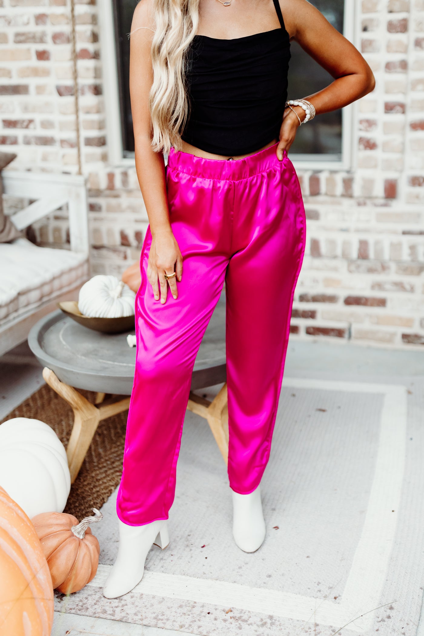 Magenta Satin Elastic Waist Dress Pant