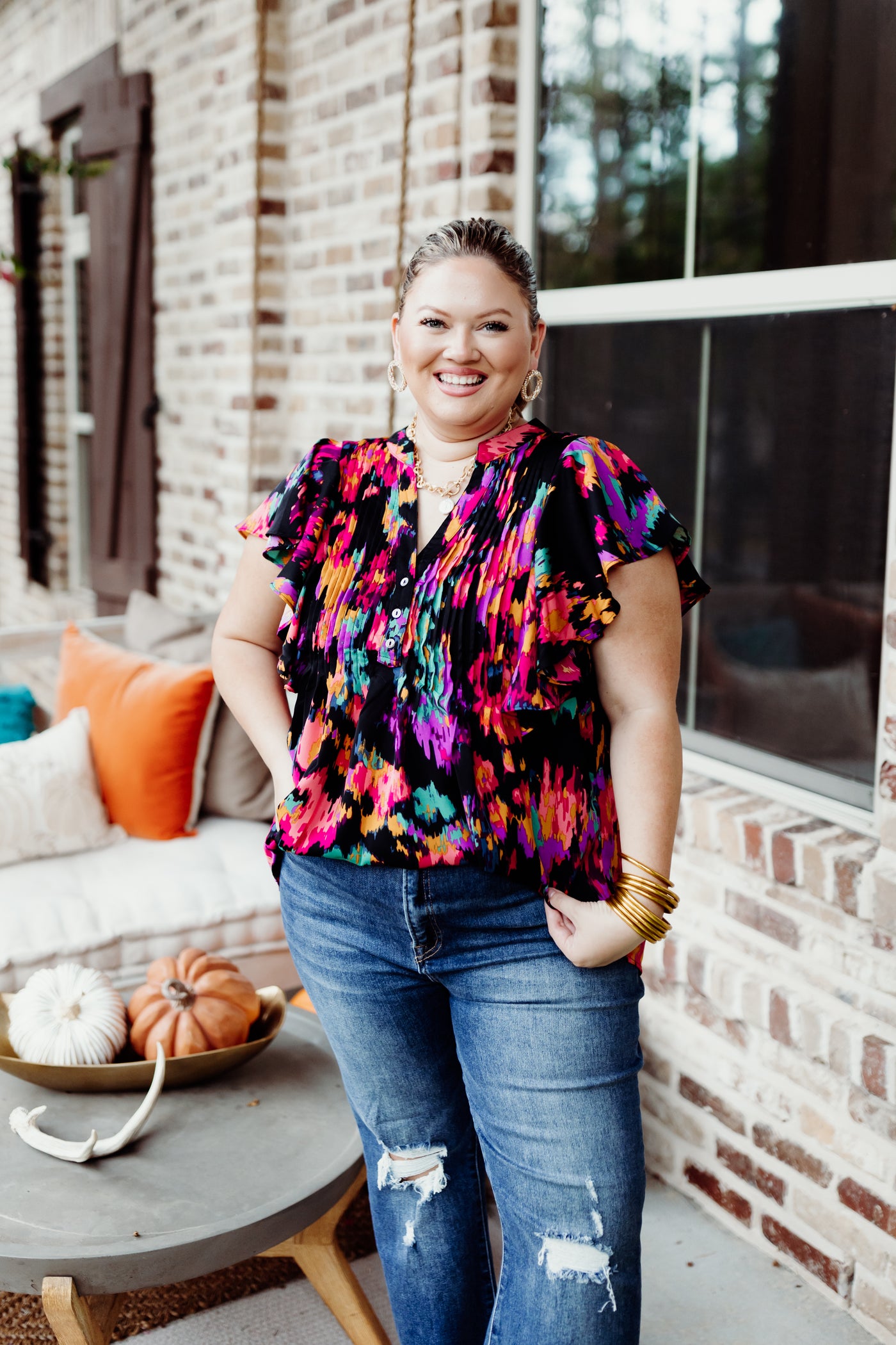 Black Flutter Sleeve Multicolor Print Pintuck Blouse