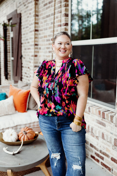 Black Flutter Sleeve Multicolor Print Pintuck Blouse