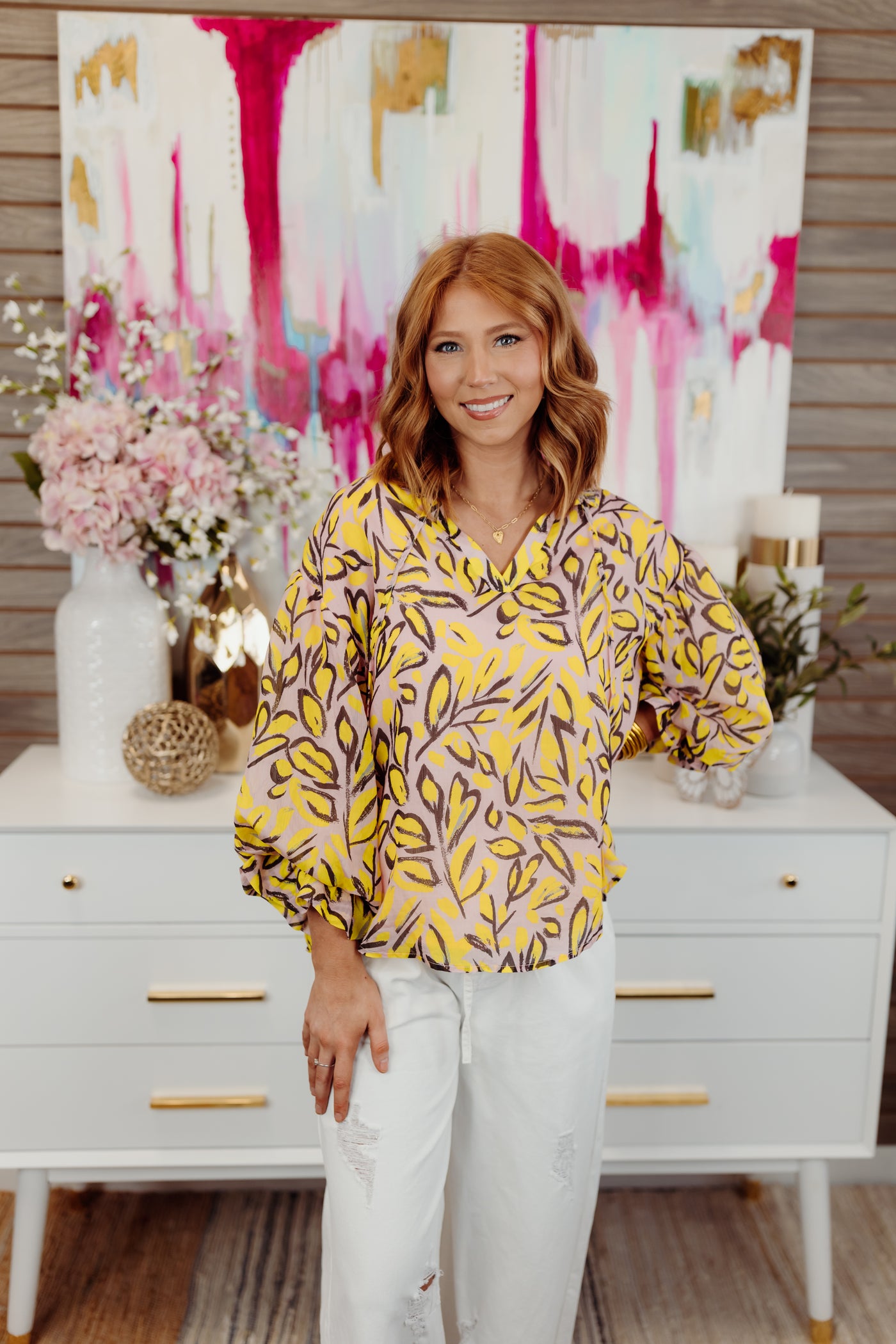 Blush and Yellow Mix Printed 3/4 Sleeve Blouse