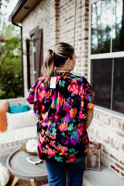 Black Flutter Sleeve Multicolor Print Pintuck Blouse