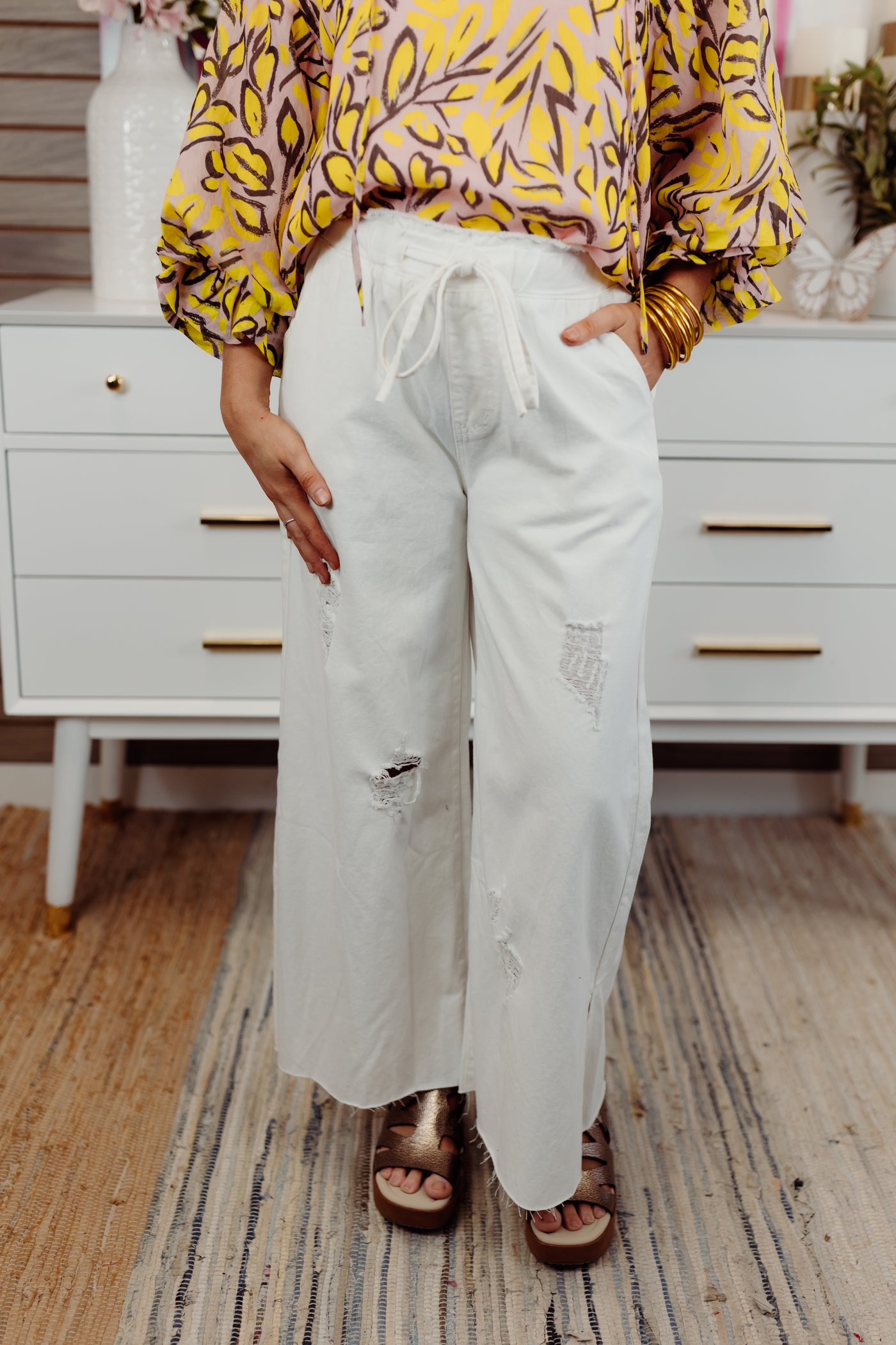 Natural Distressed Wide Leg Pants